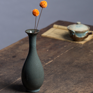 铁胎青瓷花瓶干花客厅陶瓷花器摆件装饰创意简约中式台面仿古花插