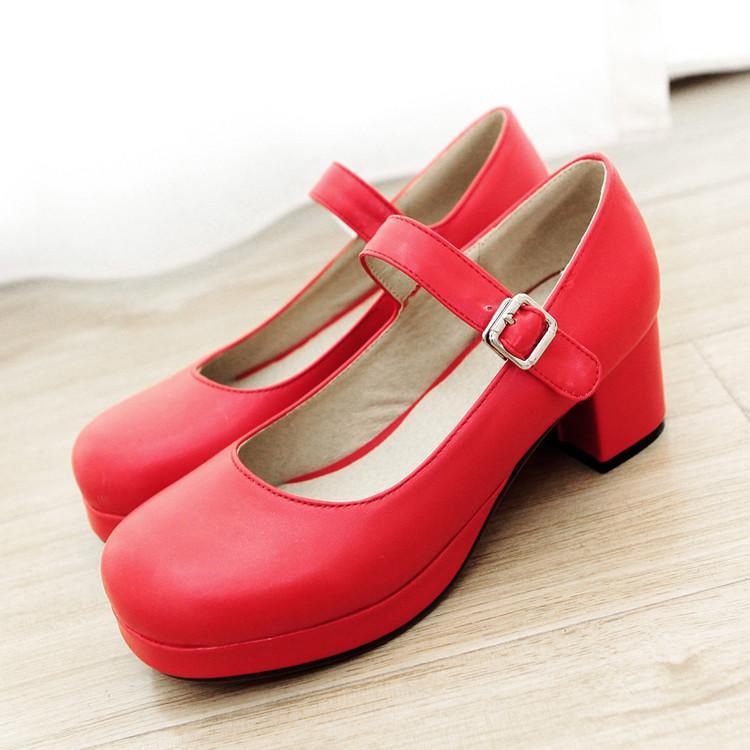 动漫红色单鞋女皮鞋中跟女鞋粗跟扣带大小码30-43