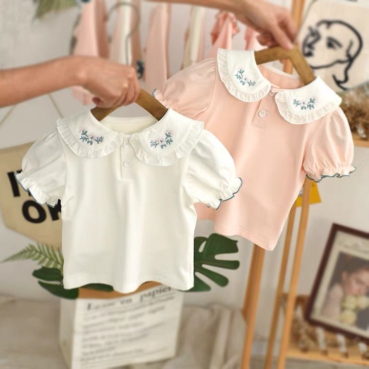 夏季新款1岁宝宝洋气娃娃领短袖T恤女童薄款半袖上衣儿童纯棉夏装