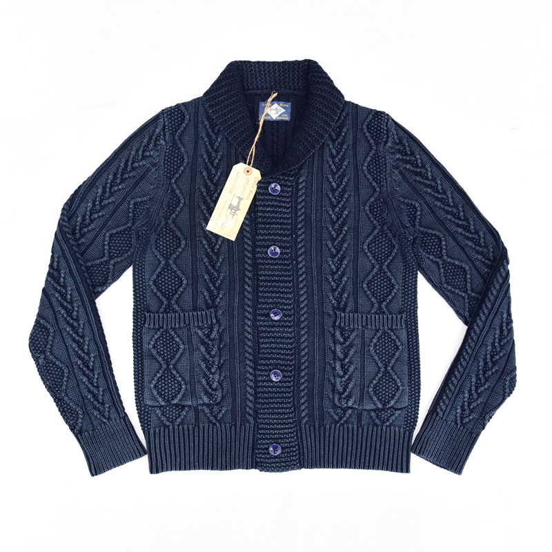 Cardigan indigo sweater 单排扣 开衫 蓝染棒织提花翻领毛衣