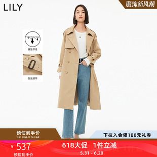 LILY2023新款女装复古双排扣都市通勤显瘦腰带长款卡其色风衣女