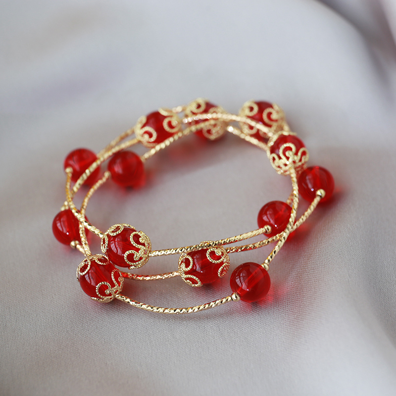 2022新年红色手链女手饰品网红时尚手镯三层首饰本命年转运珠礼物