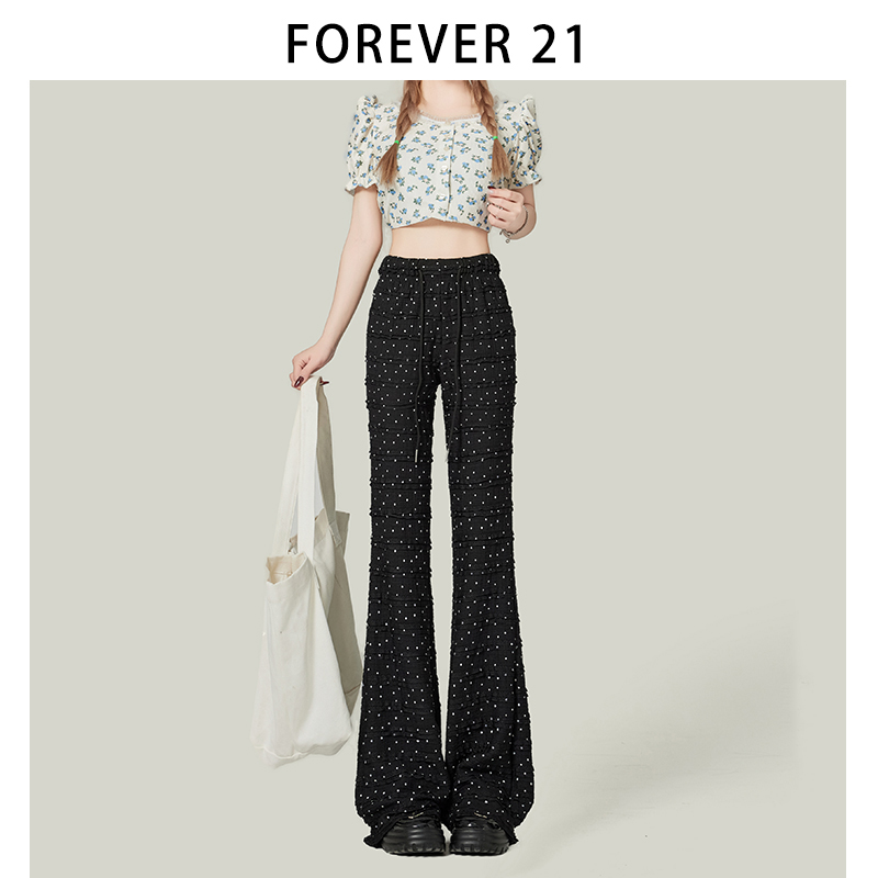 Forever 21小众黑色蕾丝边波点喇叭裤女装小个子拖地系带休闲裤子