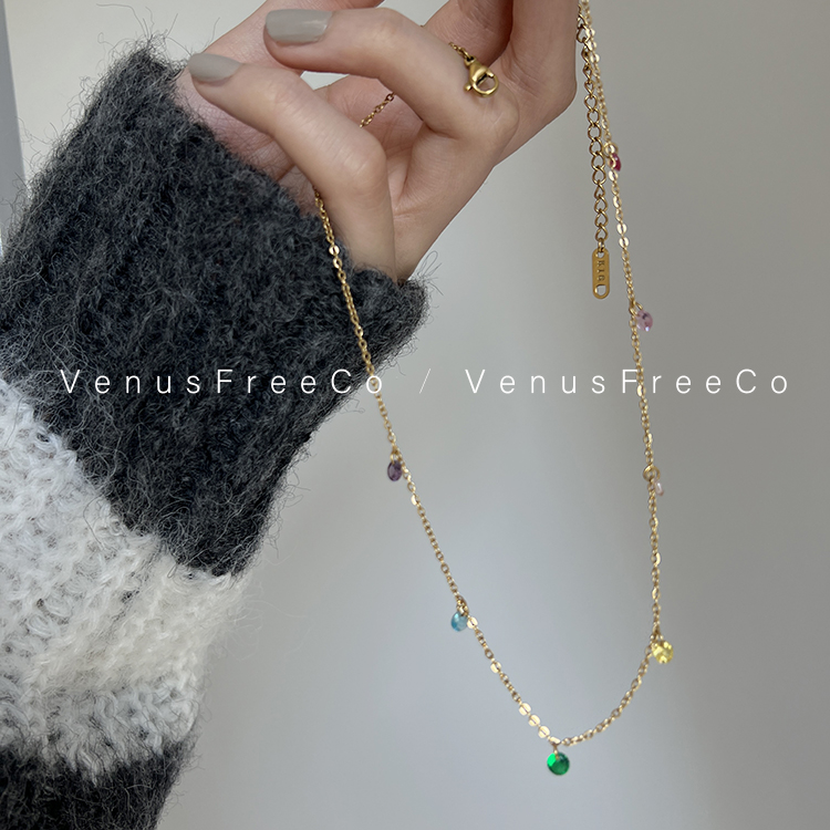 VenusFreeCo闪闪18K镀金彩色钻宝石细锁骨链项链叠戴精致不褪色