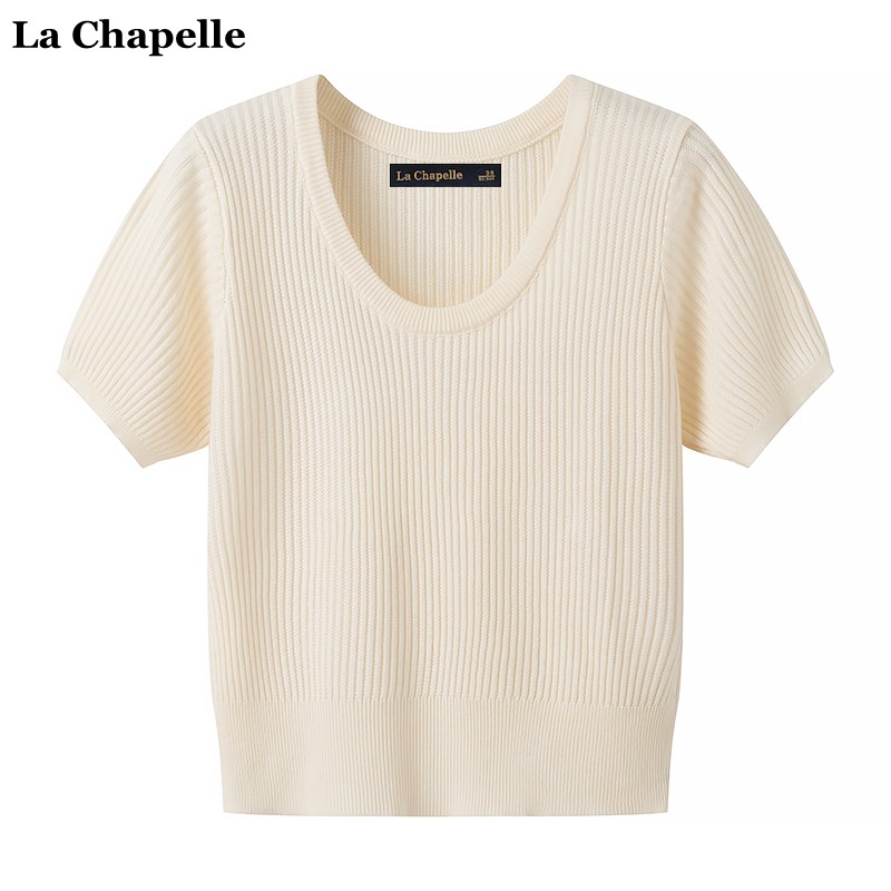 拉夏贝尔/La Chapelle温柔风短袖针织衫女纯色简约百搭上衣打底衫