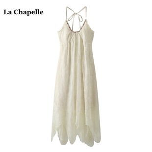 拉夏贝尔/La Chapelle纯欲风挂脖雪纺连衣裙女夏季露背白色吊带裙