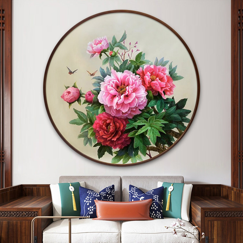花开富贵新中式牡丹圆形手绘油画入门玄关装饰画客厅餐厅床头挂画