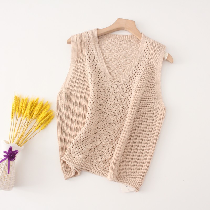 2021春秋女士宽松镂空纯色针织马甲 45%棉七针百搭时尚毛衣女背心