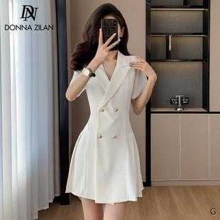 白色短袖西装连衣裙女夏季新款高级感小个子正式场合收腰职业裙子