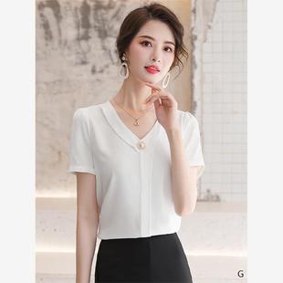 白色雪纺衬衫女新款夏季韩版时尚洋气百搭短袖衬衣设计感上衣