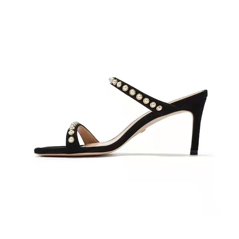 2022年早春新品珍珠细高跟圆头一字带凉鞋女sw新款拖鞋真皮凉拖女