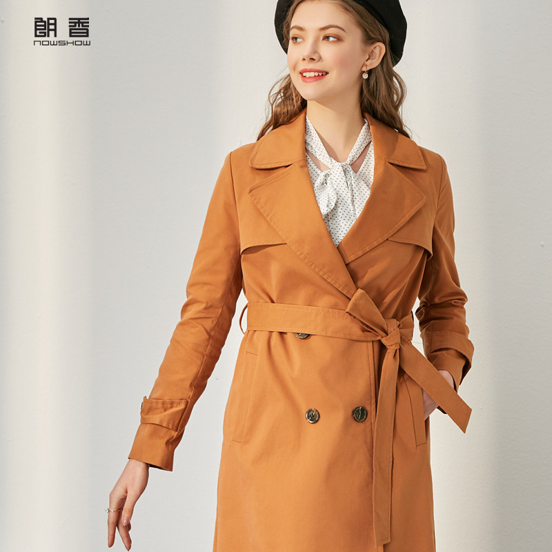 nowshow朗香欧美简约时髦姜黄色双排扣长款风衣91082