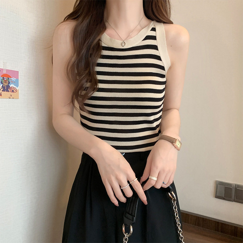 针织冰丝小吊带女外穿法式别致条纹背心小个子内搭打底无袖上衣潮