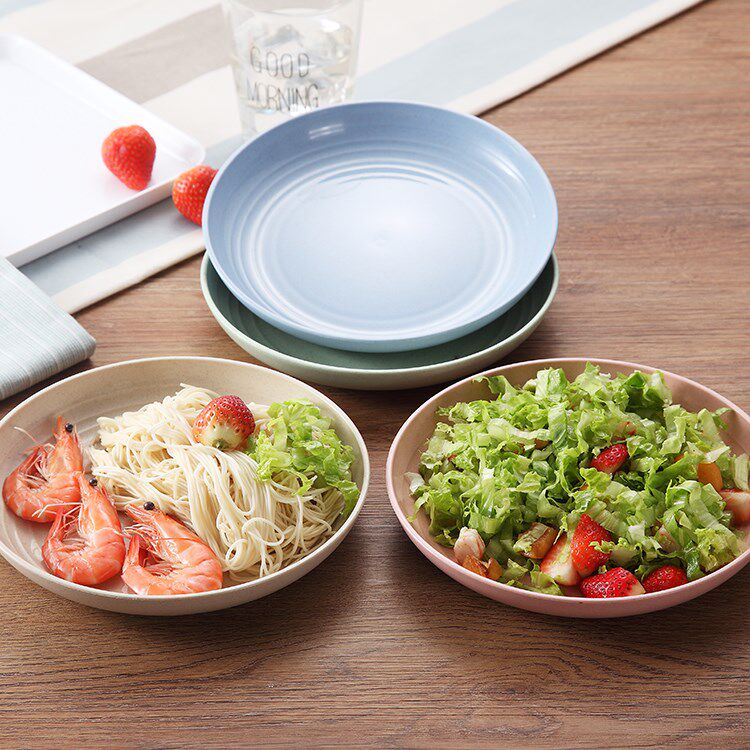 小麦秸秆新品8寸水果西餐盘家用圆形端菜盘子塑料微波饺子盘4个装_5折