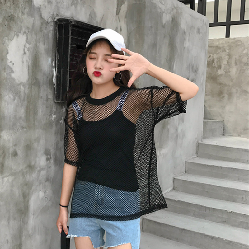 一折渔网上衣短袖_t恤女短袖夏新款遮肉网格镂空罩衫渔网衫宽松ins潮