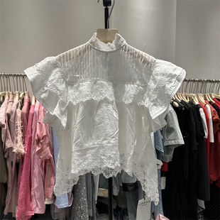 欧洲站2024夏季新款蕾丝上衣高级感设计感小众小个子白色蕾丝衫女