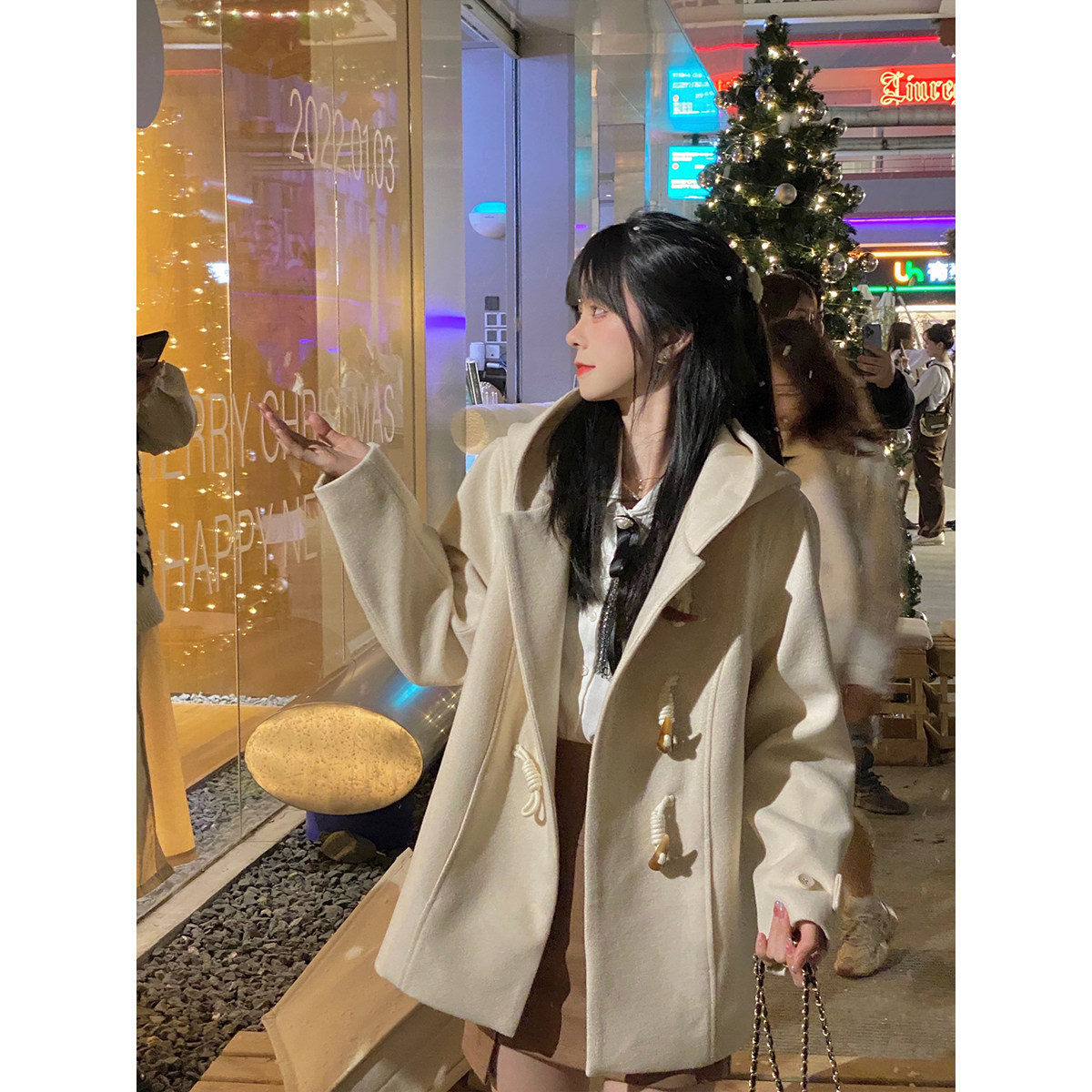 conybabe牛角扣毛呢外套女2021新款秋冬宽松休闲连帽加厚呢子大衣