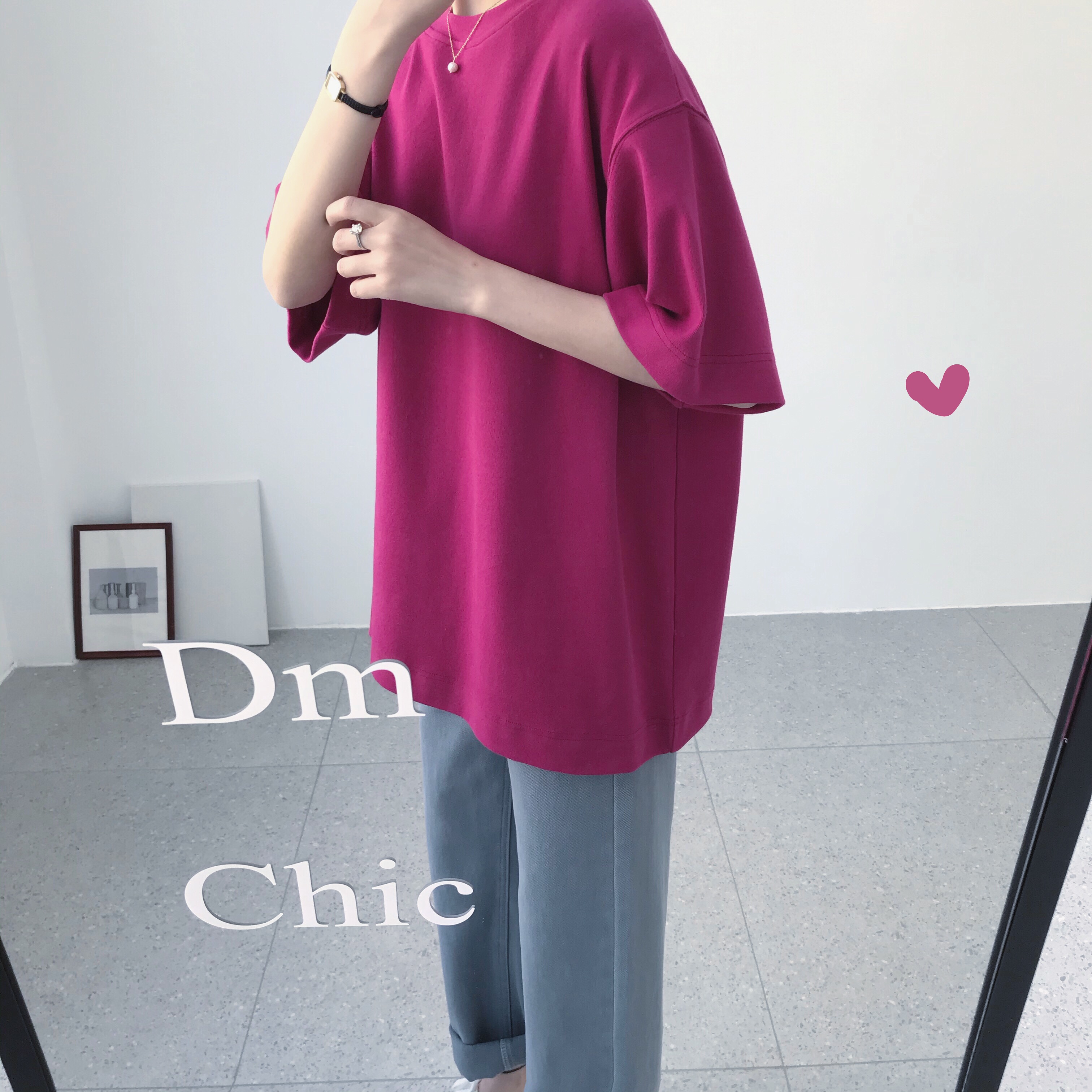 大萌早春新人手一件火龙果色圆领纯色磨毛宽松短袖teet恤上衣