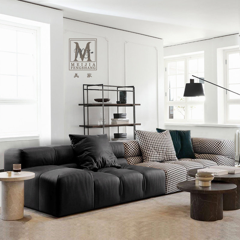 意式极简科技布沙发千鸟格布艺现代轻奢黑色真皮沙发模块拼接组合