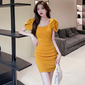 Hip Wrap French sexy square neck bubble sleeve dress