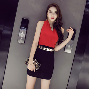 V-neck sleeveless high waist contrast panel slim wrap hip dress