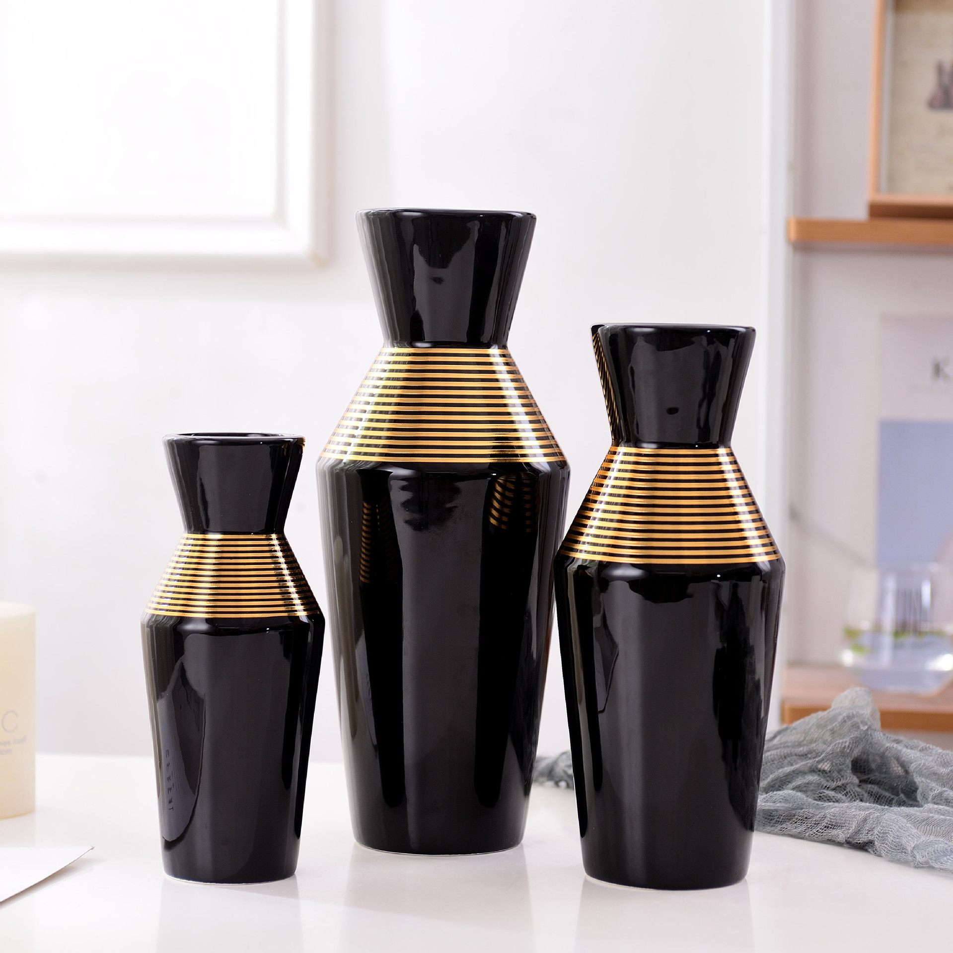 Buy Modern luxury style gold white black ceramic vase Three pieces set