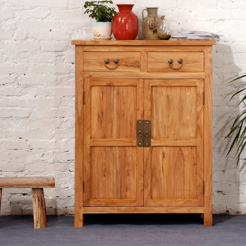 新中式榆木鞋柜实木现代简约储物边柜两门2屉大容量多功能玄关柜