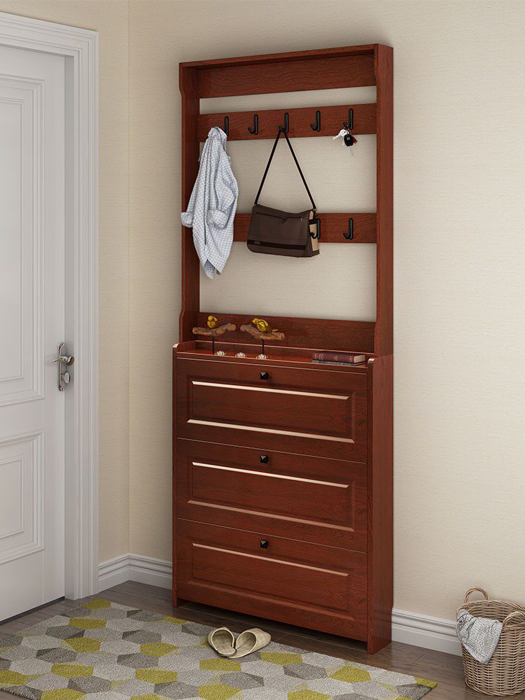 入户鞋柜家用门口超薄17cm带挂衣架一体储物柜新中式实木色收纳柜