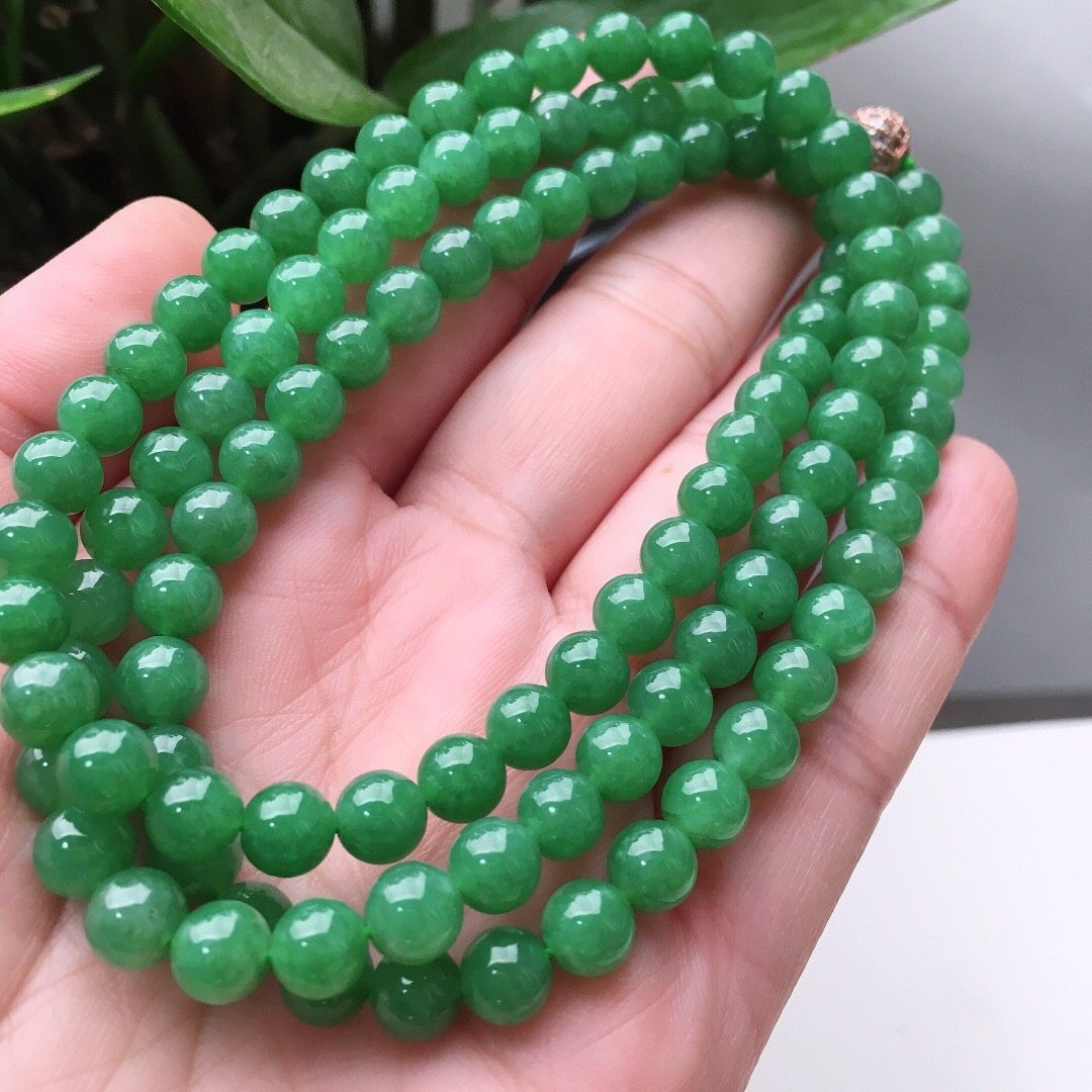 缅甸天然a货翡翠108颗佛珠老坑满绿圆珠项链玉质细腻水头好色均匀