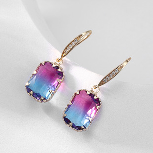 流行时尚 超闪长方形紫蓝宝石耳坠 小众设计气质轻奢长款耳环耳饰