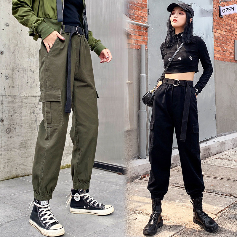 韩国工装裤女bf宽松长裤直筒高腰束脚显瘦韩版学生运动休闲裤女潮