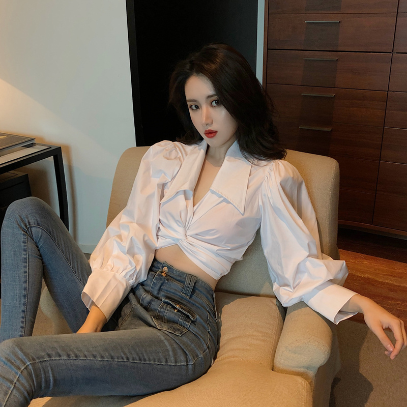 白色襯衫女秋韓國時尚洋氣設計感小衆性感高腰露臍長袖格子上衣在類目 女裝/女士精品, 襯衫中 - 來自Buy2taobao.com提供專業的淘寶代購服務