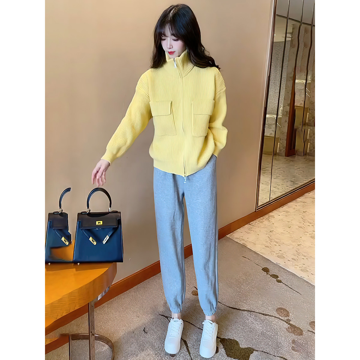 秋冬春季设计感小众高领黄色针织毛衣外套开衫上衣2022新款女秋装
