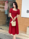 法式泡泡短袖连衣裙女mishe2024年夏季新款方领气质红色收腰裙子