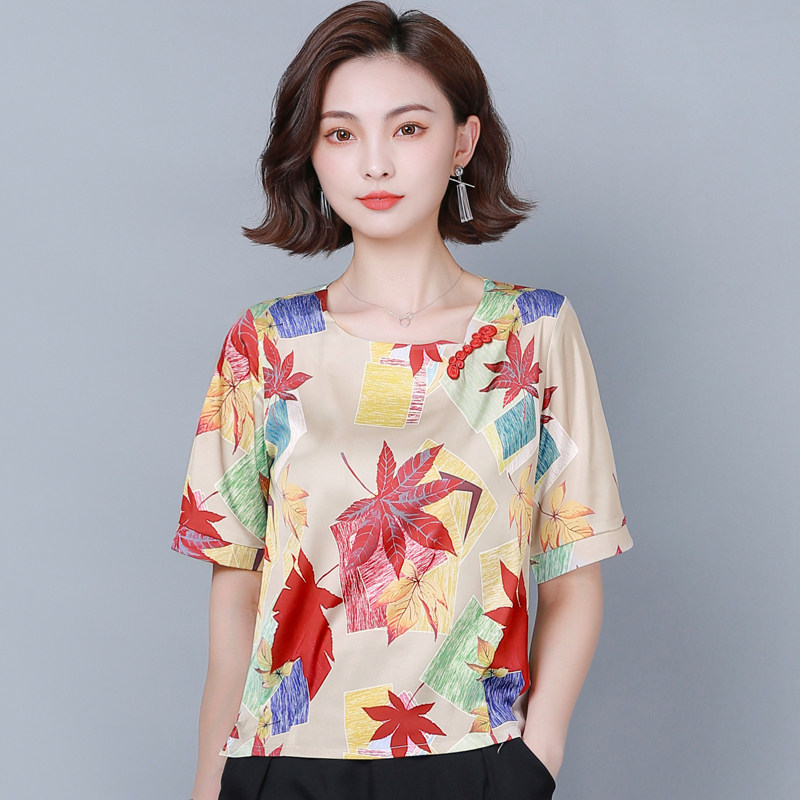 夏季女装真丝上衣女夏短袖缎面宽松t恤打底衫显瘦印花桑蚕丝小衫-mc母