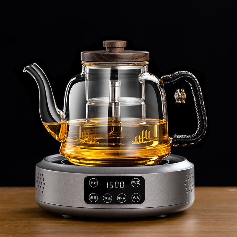耐高温玻璃蒸茶壶煮茶器家用泡茶壶养生花茶胡桃木防烫提梁烧水壶