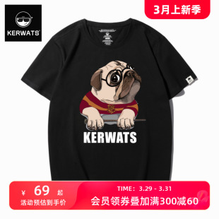 KERWATS加大码t恤男装新疆长绒棉宽松印花潮牌圆领情侣装短袖夏装