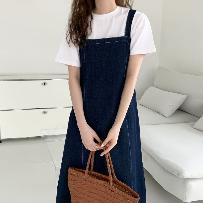 背带裙女夏季学生韩版宽松百搭减龄复古牛仔连衣裙气质长款吊带裙