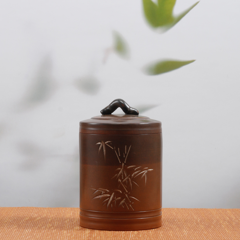 钦州坭兴陶竹节茶叶罐古安品牌自然窑变中式小容量桌面级自用送礼
