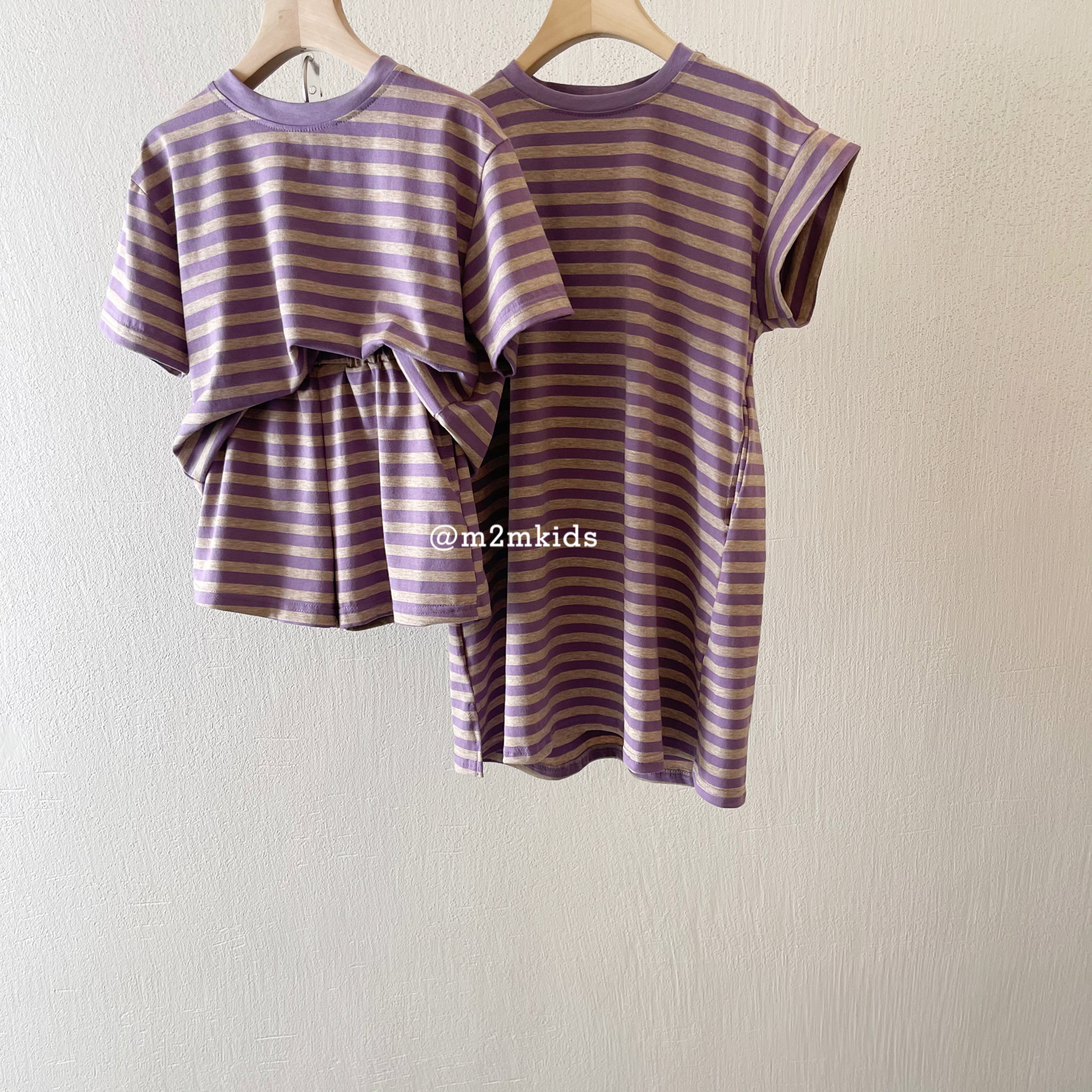 M2MKIDS包邮韩版夏季儿童港风休闲简约短袖短裤T裙~紫色条纹套装