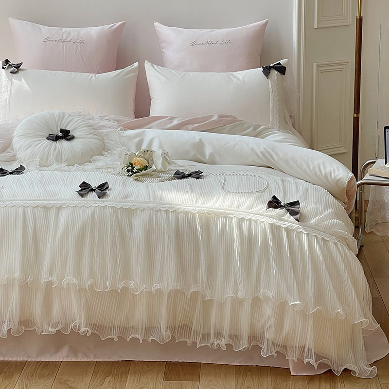 进口蕾丝边公主风120支长绒棉四件套全棉纯棉蝴蝶结被套床上用品