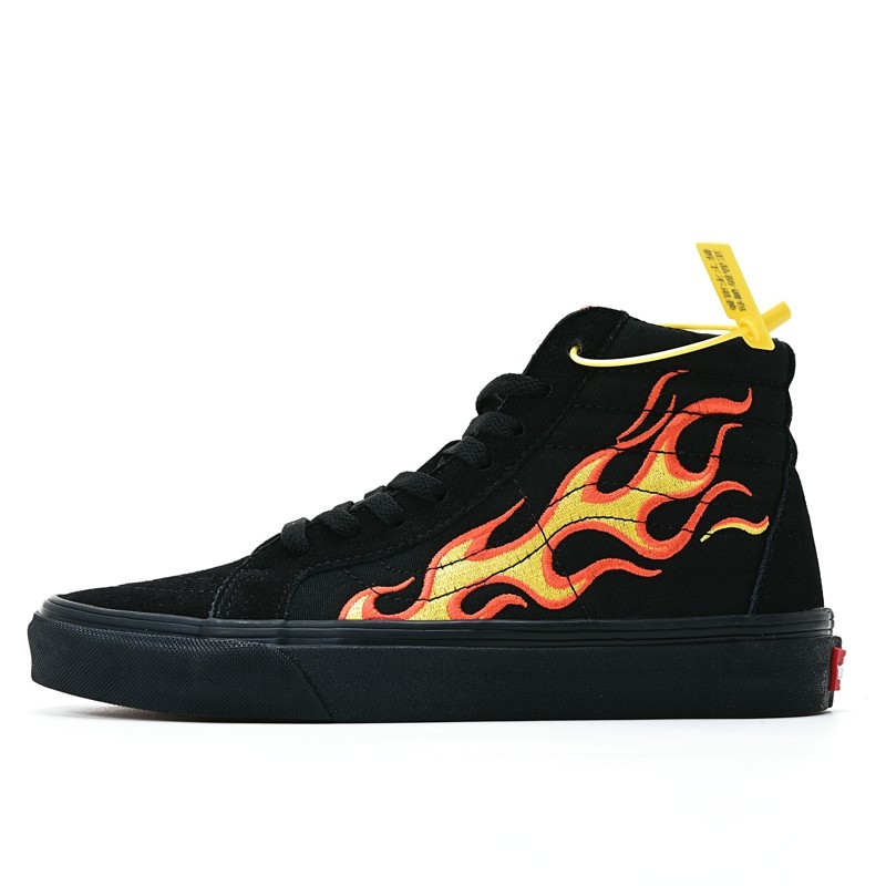 正品新款万斯路火焰鞋联名情侣学生帆布男女鞋红色电绣高帮板鞋子