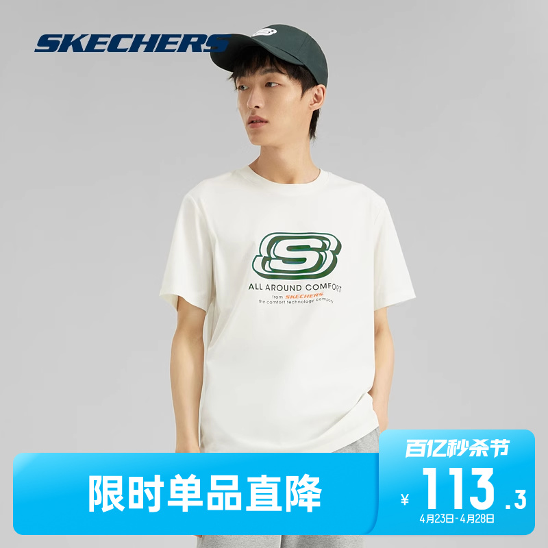 Skechers斯凯奇夏季新款运动t恤情侣款白色针织圆领短袖透气上衣