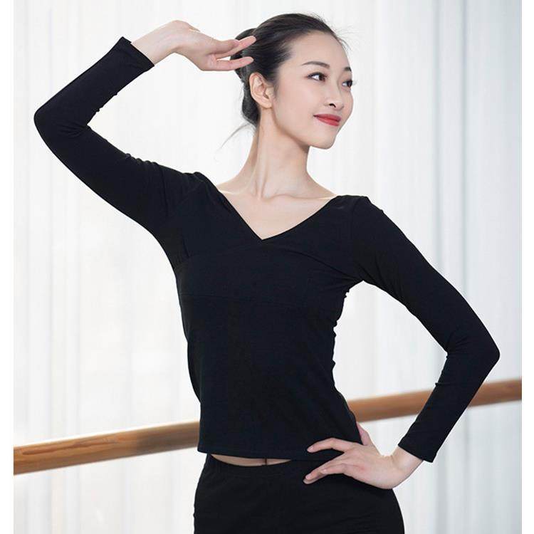 舞蹈练功服棉修身形体服装紧身舞蹈服上衣成人女 v领长袖春夏黑色