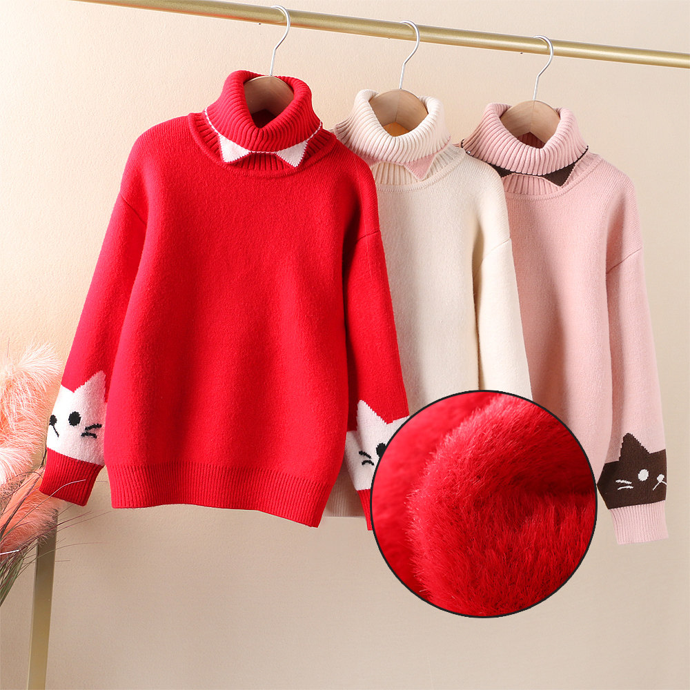 洋气女童高领毛衣冬款童装一体加绒针织衫中大童两翻领打底羊绒衫