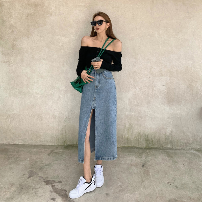 复古牛仔裙子女夏季2021年新款设计感小众高腰开叉包臀半身裙长裙