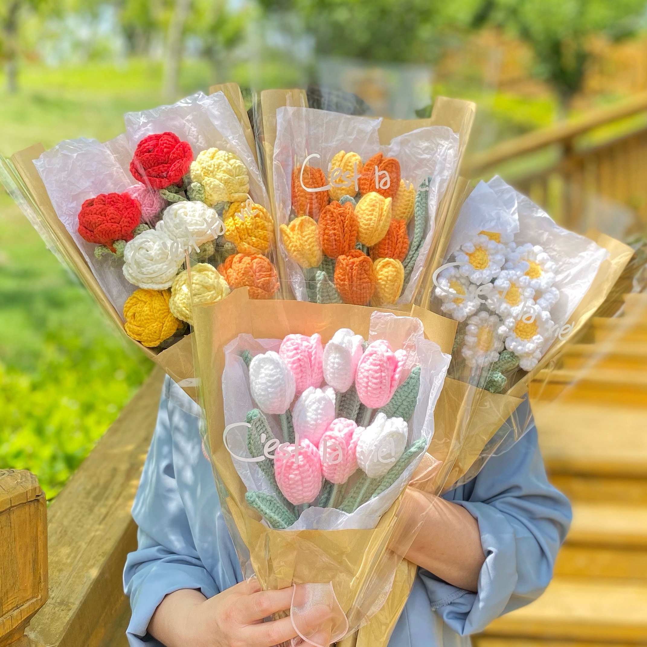 手工花束diy材料包摆件向日葵仿真花钩针编织郁金香毛线制作礼物