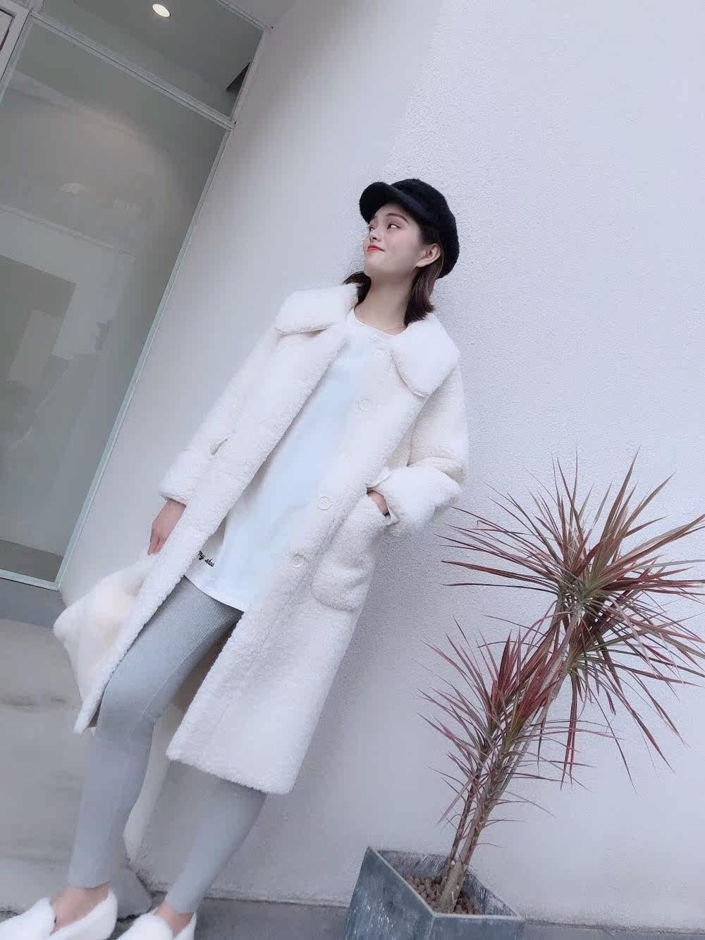 2019冬季renee蕾妮大翻领羊羔绒毛绒皮毛一体中长大衣呢子外套女_不