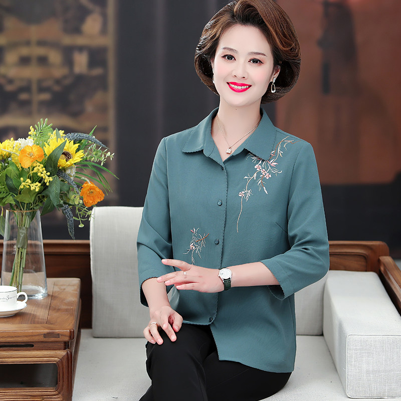 中老年长袖衬衫女春装妈妈绣花上衣服中年仿真丝时尚夏季衬衣小衫