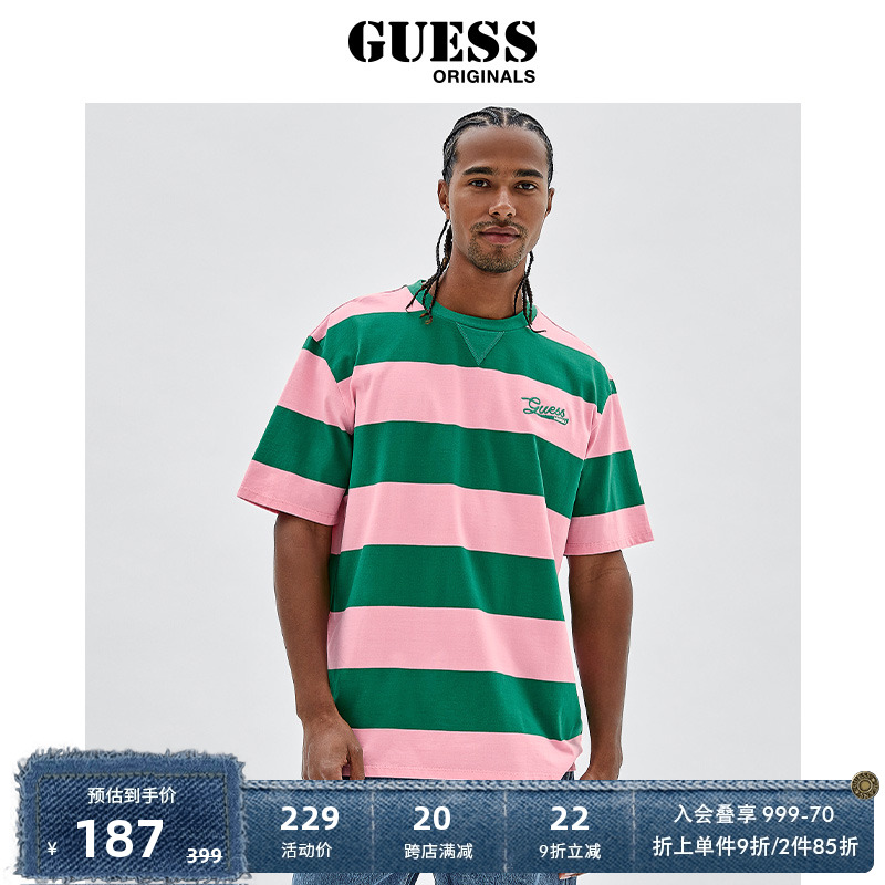 GUESS Originals 男女同款字母个性条纹T恤多巴胺-M2YI54K9XF1